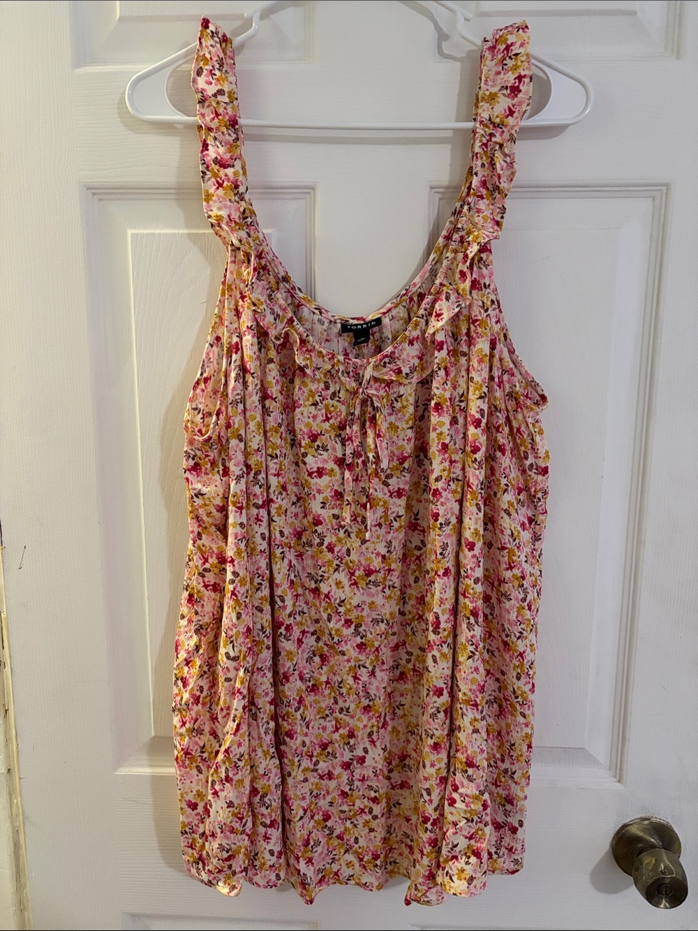 torrid Pink & Yellow Floral Ruffle-Front Tank